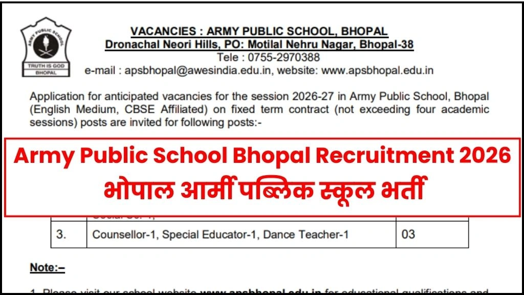 Army Public School Bhopal Recruitment 2026
