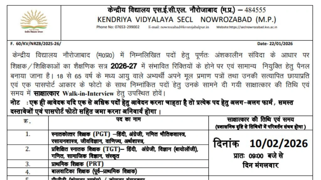 KVS SECL Jabalpur Recruitment 2026
